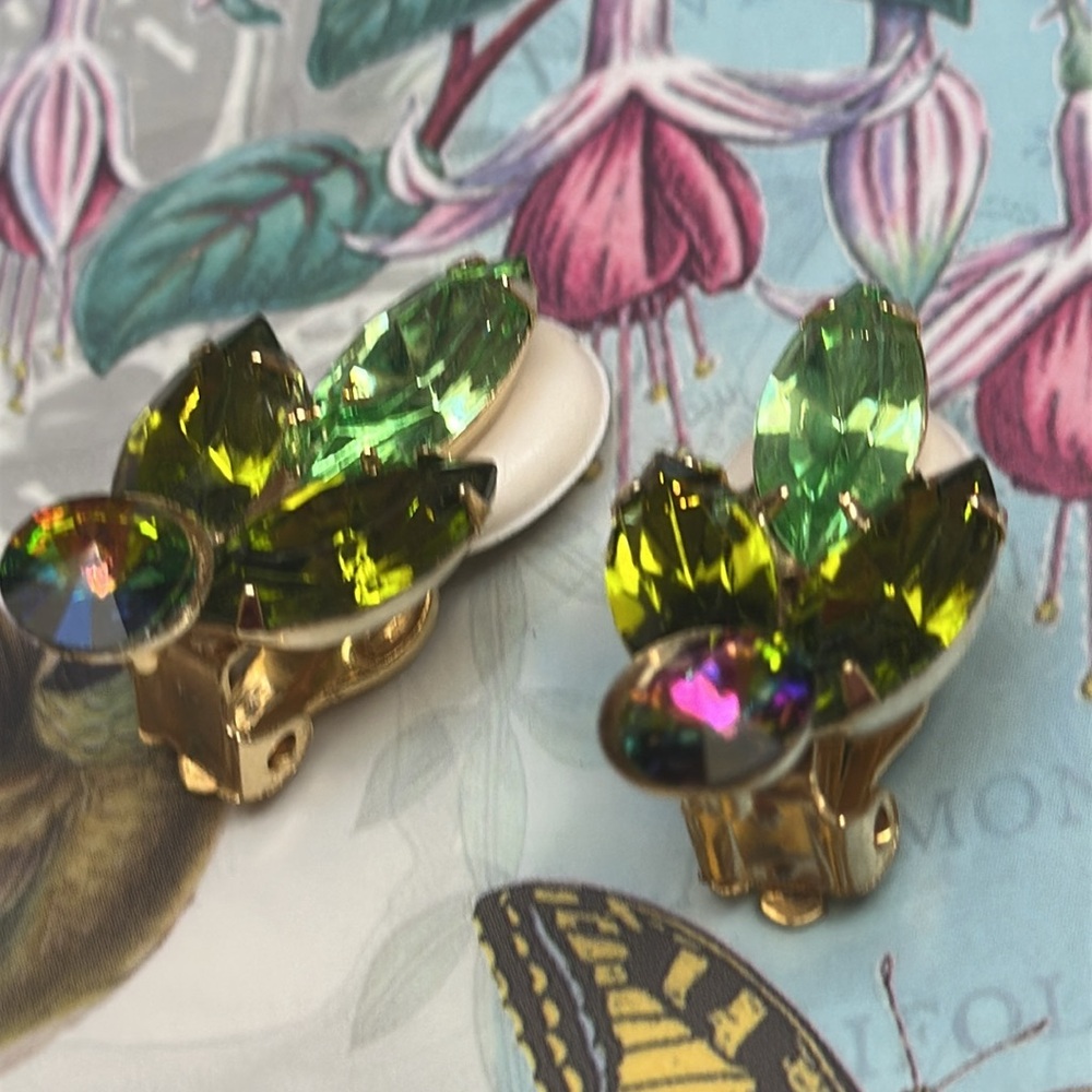 Watermelon & Green prong-set Rhinestones Clip Earrings - 1 1/8”